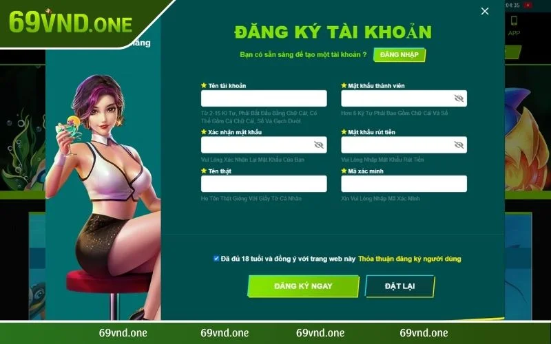 Điền thông tin đăng ký tài khoản tại 69VN